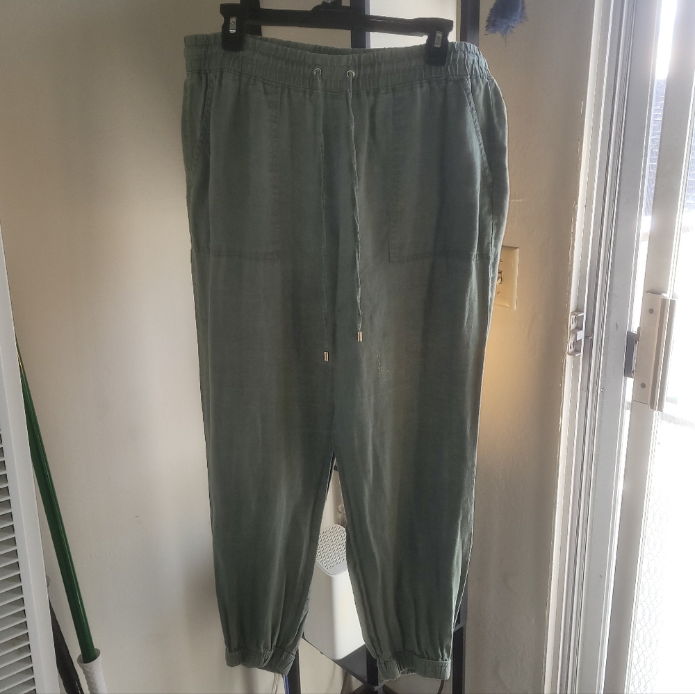 Ellen Tracy Olive Jogger Womens Linen Pants Sz L